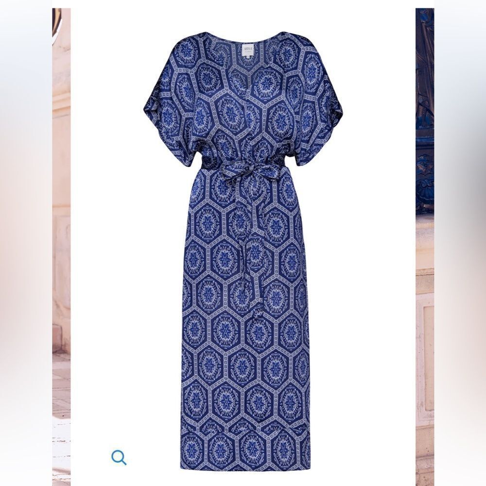 NWT Misa Los Angeles Natali blue print midi dress caftan sash tie M